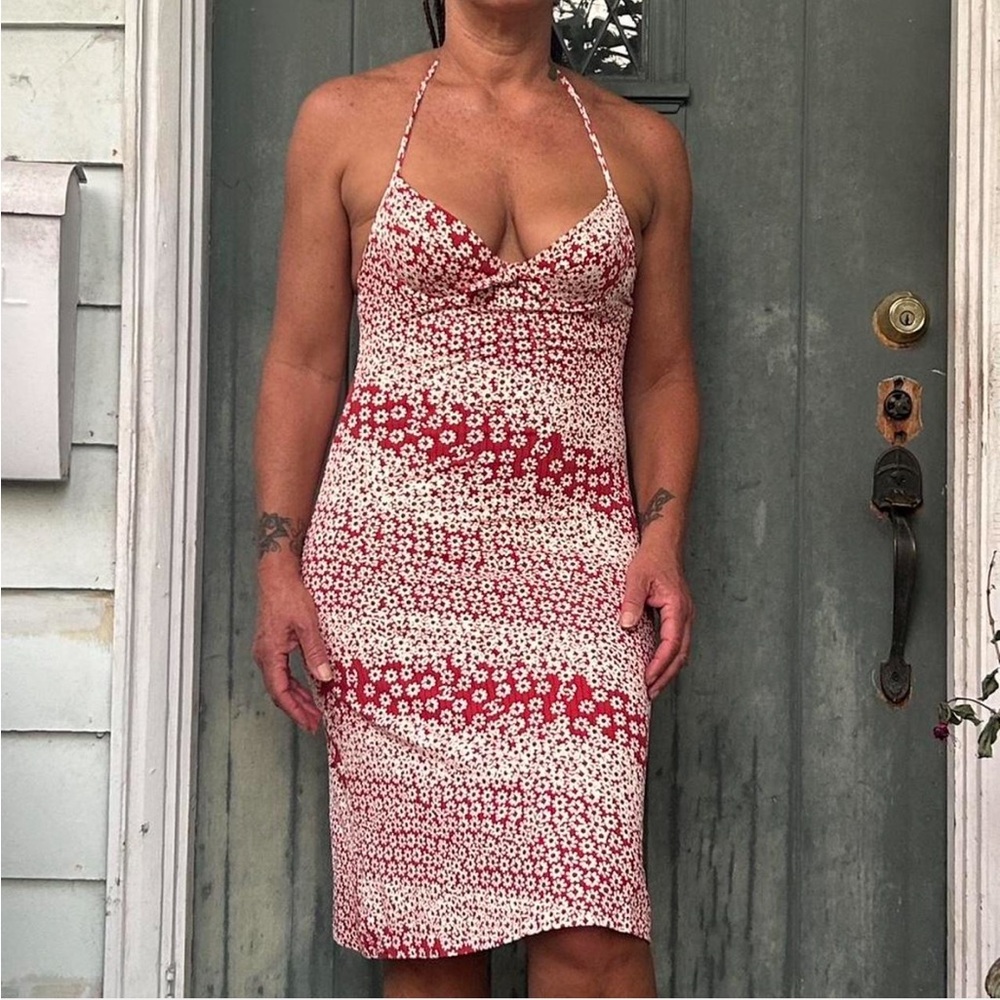 SOLD Chanel 2003 Floral Red and White Halter Dress